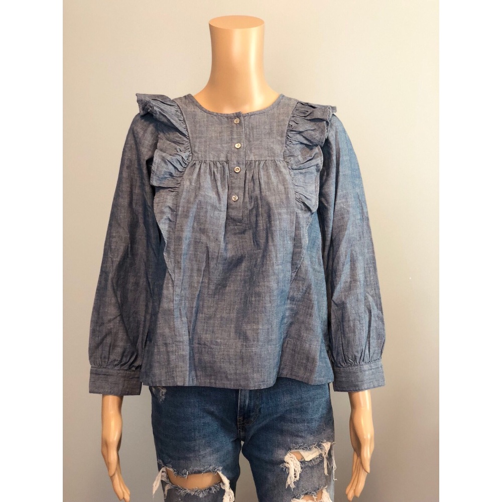 NWT J crew blue ruffle front chambray blouse shirt top - Picture 4 of 8